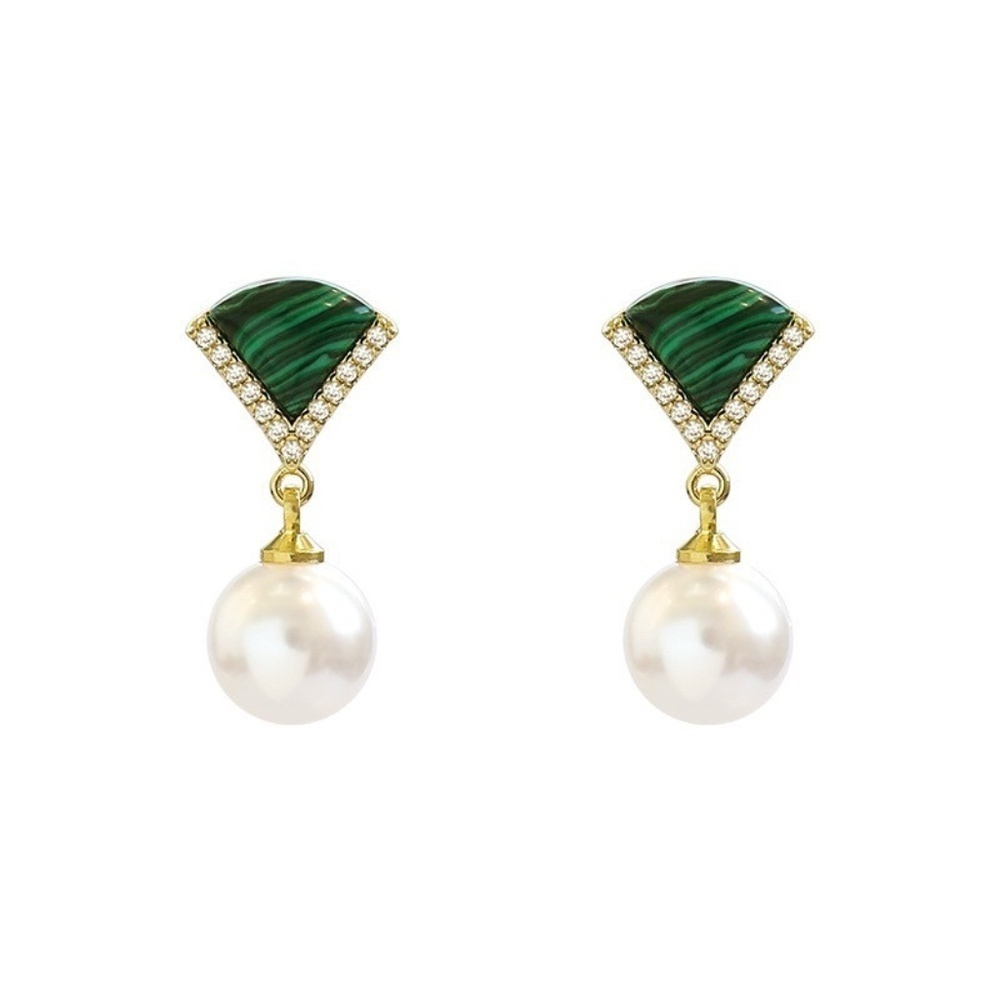 *AINE* Gold x Green Pearl Fashion Dangle Earrings - Picture 3 of 4